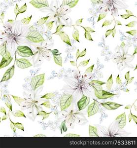 Watercolor colorful pattern with lily and flowers. Illustration. Watercolor colorful pattern with lily and flowers.
