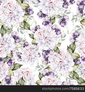 Watercolor colorful pattern with peony and anemone. Illustration . Watercolor colorful pattern with peony and anemone.