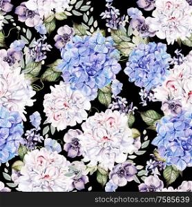Watercolor colorful pattern with peony, hudrangea and anemone. Illustration. Watercolor colorful pattern with peony, hudrangea and anemone.