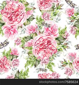 Watercolor colorful pattern with peony, roses and succulent flowers. Illustration. Watercolor colorful pattern with peony, roses and succulent flowers.