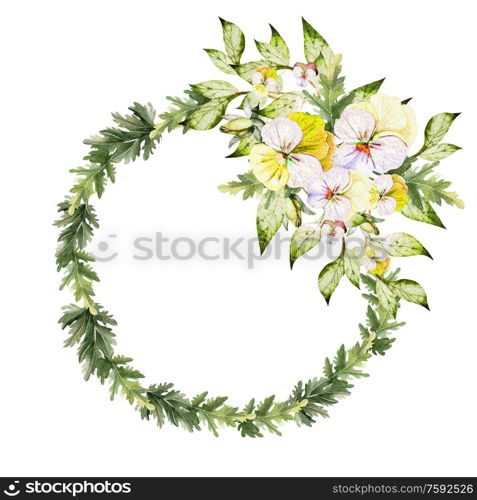 Watercolor colorful wreath with pansy flowers. Illustration. Watercolor colorful wreath with pansy flowers.