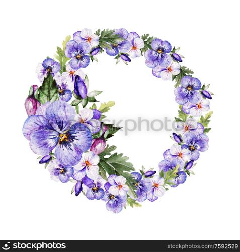 Watercolor colorful wreath with pansy flowers. Illustration. Watercolor colorful wreath with pansy flowers.