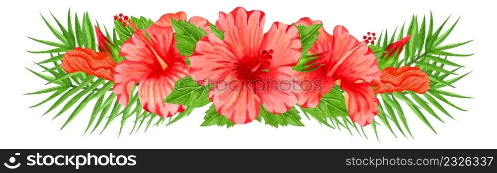 Watercolor composition with red hibiscus flowers. Hand drawn floral border with tropical flowers and leaves. Wedding invitation, greeting card, design. Red flowers.