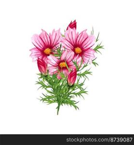 Watercolor cosmos flowers bouquet isolated on white background. Hand drawn wildflower arrangement with pink flower and green leaves.