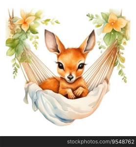 Watercolor cute baby deer in a hammock
