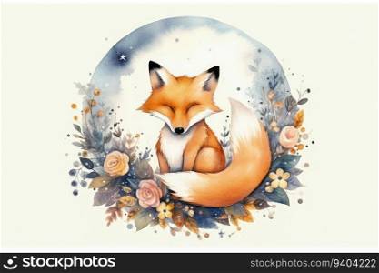 Watercolor Cute Fox on the Moon isolated background , for sell the products you print such as shirts, hats, cups, stickers , Generative Ai