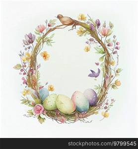 Watercolor cute spring flower empty circle frame. Illustration AI Generative 