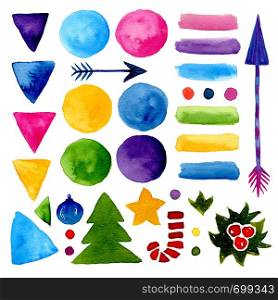 Watercolor decorations. Hand paint shapes and New year elements.. Watercolor decorations. Hand paint shapes and New year elements