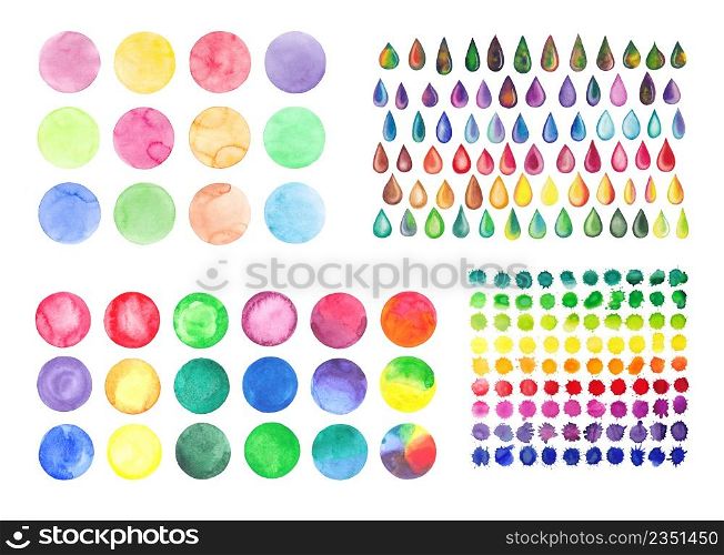 Watercolor design elements isolated on white background. Set of rainbow watercolor circles