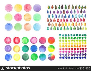 Watercolor design elements isolated on white background. Set of rainbow watercolor circles