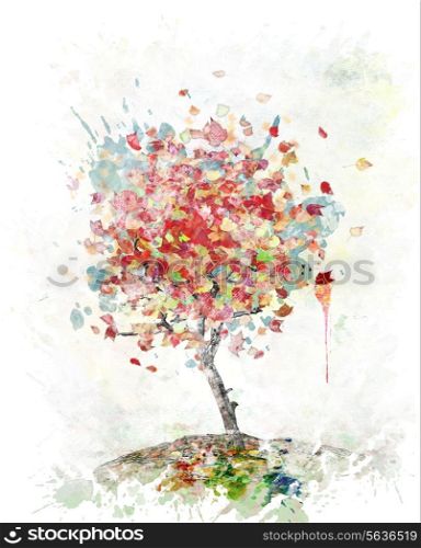 Watercolor Digital Painting Of Autumn Tree
