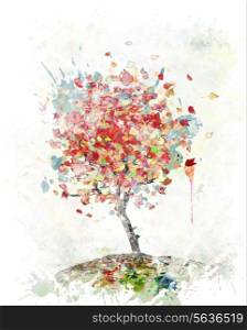 Watercolor Digital Painting Of Autumn Tree