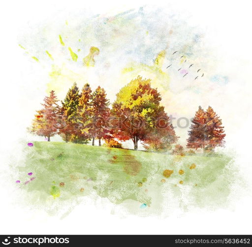 Watercolor Digital Painting Of Colorful Autumn Trees