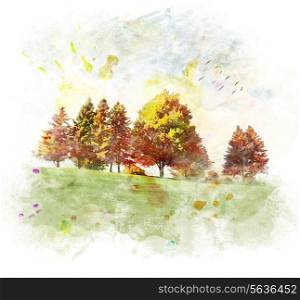 Watercolor Digital Painting Of Colorful Autumn Trees