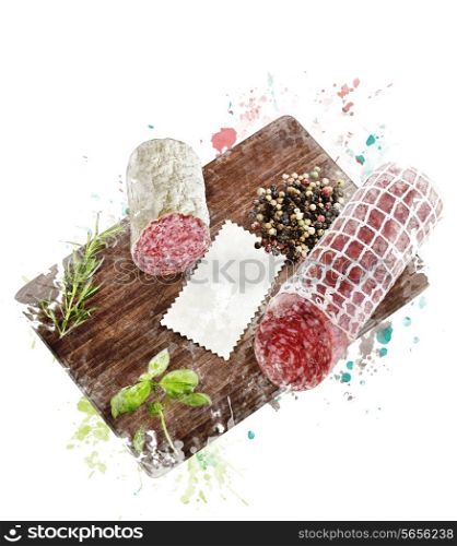 Watercolor Digital Painting Of Hard Salami,Herbs and Spices On A Cutting Board