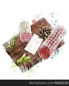 Watercolor Digital Painting Of Hard Salami,Herbs and Spices On A Cutting Board
