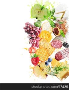Watercolor Digital Painting Of Healthy Snacks