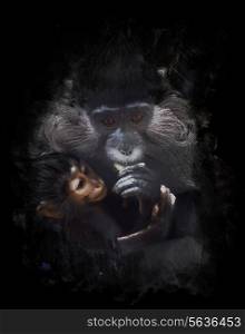Watercolor Digital Painting Of Mother And Baby Monkey (Black crested mangabey)
