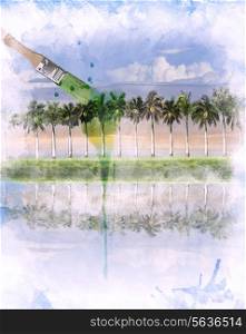 Watercolor Digital Painting Of Palm Trees Near The Ocean