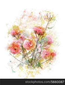 Watercolor Digital Painting Of Rose Branch