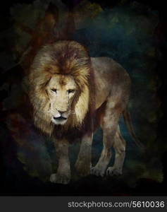 Watercolor Digital Painting Of Walking Lion On Black Background