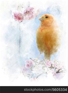 Watercolor Digital Painting Of Yellow Bird Perching