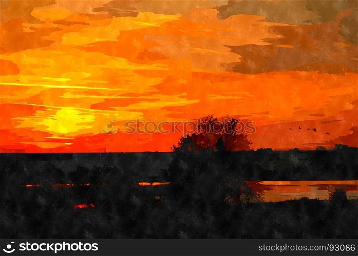 Watercolor digitally generated painting of the beautiful sunset over a landscape.