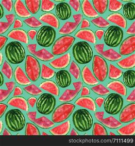 Watercolor drawing juicy bright watermelon seamless pattern. Hand drawing exotic fruits on a blue background. For the design of notebooks, T-shirts, bags, textiles, napkins.