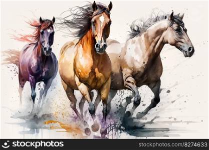  Watercolor drawing of a running horses created by generative AI