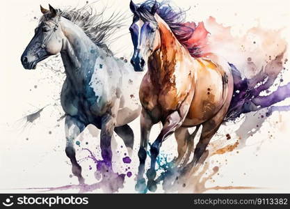  Watercolor drawing of a running horses created by generative AI