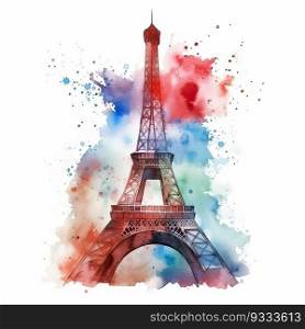 watercolor drawing of Eiffel tower in Paris on white background. Generative Ai.