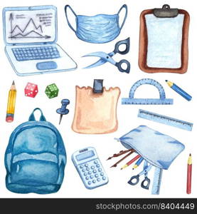 Watercolor education equipment of backpack, microscope, books, laptop, pencils, face mask, calculator, ruller Hand drawn illustration School set. Watercolor education equipment of backpack, microscope, books, laptop, pencils, face mask, calculator, ruller. Hand drawn illustration.