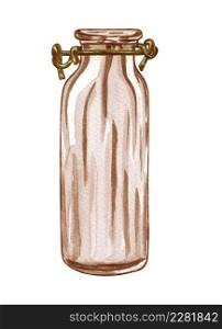 Watercolor empty, brown glass bottle or jar. Hand-drawn boho illustration. Empty vintage vase.. Watercolor empty, brown glass bottle or jar. Hand-drawn boho illustration. Empty vintage vase