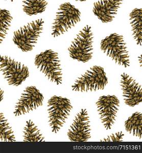 Watercolor endless pattern of pine cones. Illustration on a white background. For fashion design, home decor, greeting cards, stationery.