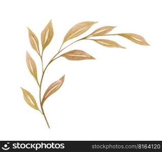 Watercolor exotic dry twig with gold textures. Hand painted boho leaves isolated on white background. Floral illustration for design, print, fabric or background.. Watercolor exotic dry twig with gold textures. Hand painted boho leaves isolated on white background.