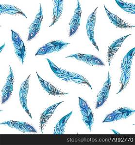 Watercolor feathers background. Watercolor feathers background. Seamless pattern. Hand drawn illustration