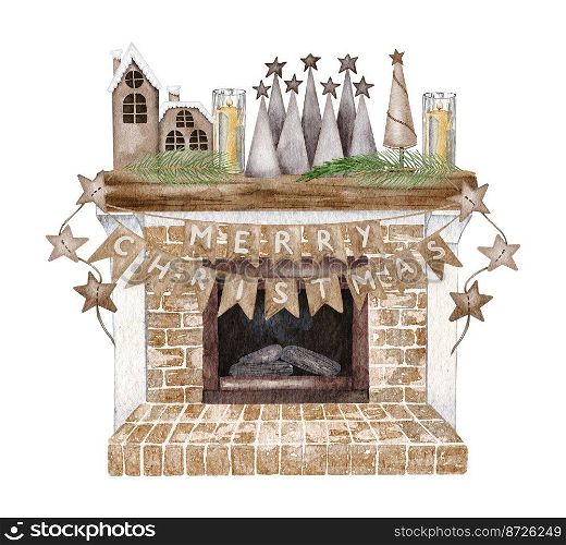 Watercolor fireplace decoration. Hand painted holiday illustration with interior objects isolated on white background for design, print, fabric or background. Watercolor fireplace decoration. Hand painted holiday illustration with interior objects isolated on white background for design, print, fabric or background.