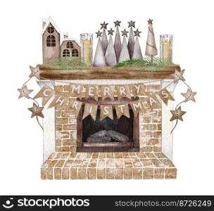 Watercolor fireplace decoration. Hand painted holiday illustration with interior objects isolated on white background for design, print, fabric or background. Watercolor fireplace decoration. Hand painted holiday illustration with interior objects isolated on white background for design, print, fabric or background.