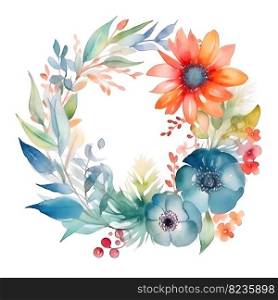 Watercolor floral circle frame. Beautiful hand drawn wreath on a white background.