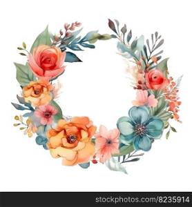 Watercolor floral circle frame. Beautiful hand drawn wreath on a white background. Design for invitation, wedding or greeting cards