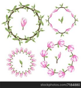 Watercolor floral frame collection. Wreath magnolia flowers set for invitation and greeting card