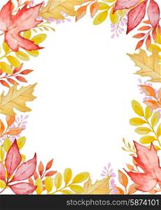 Watercolor floral frame with red and orange autumn leaves