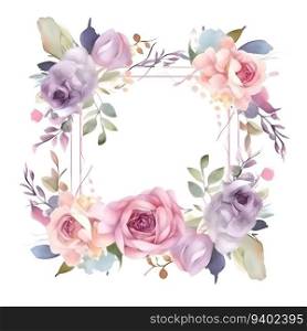 Watercolor floral frame with roses. leaves and branches on white background