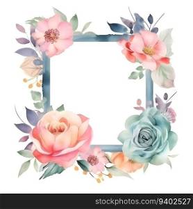 Watercolor floral frame with roses. peonies. leaves and branches. Hand painted illustration isolated on white background