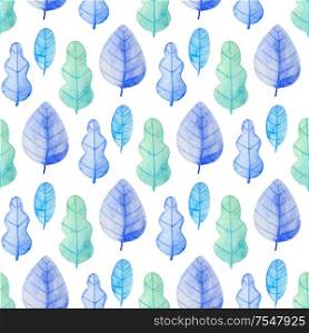 Watercolor floral seamless pattern with blue and green oak leaves. Hand drawn winter nature background