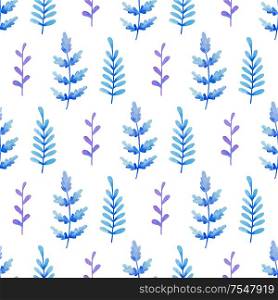 Watercolor floral seamless pattern with blue and violet leaves. Hand drawn winter nature background