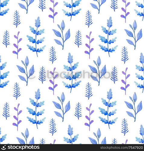 Watercolor floral seamless pattern with blue and violet plants. Hand drawn winter nature background