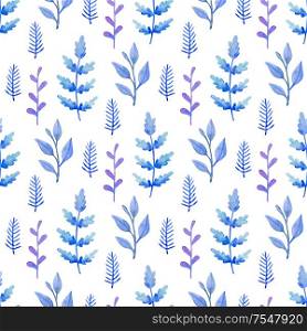 Watercolor floral seamless pattern with blue and violet plants. Hand drawn winter nature background