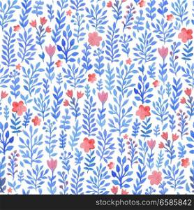 Watercolor floral seamless pattern with blue flowers and leaves on a white background