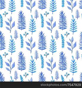 Watercolor floral seamless pattern with blue leaves and branches. Hand drawn winter nature background